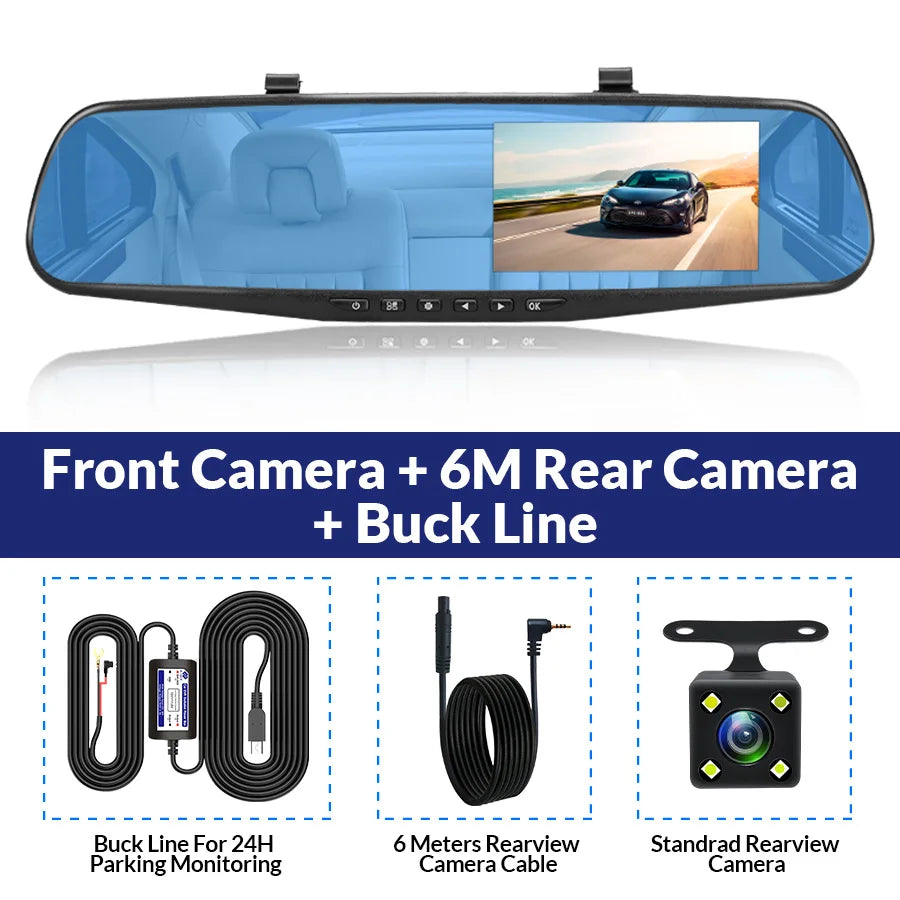 Dash Cam 4.3 Inch "Mini Rear-View Mirror Digital Dashcam, Front and Rear Dual Cameras IPS Front and Rear Camera Registrar Black