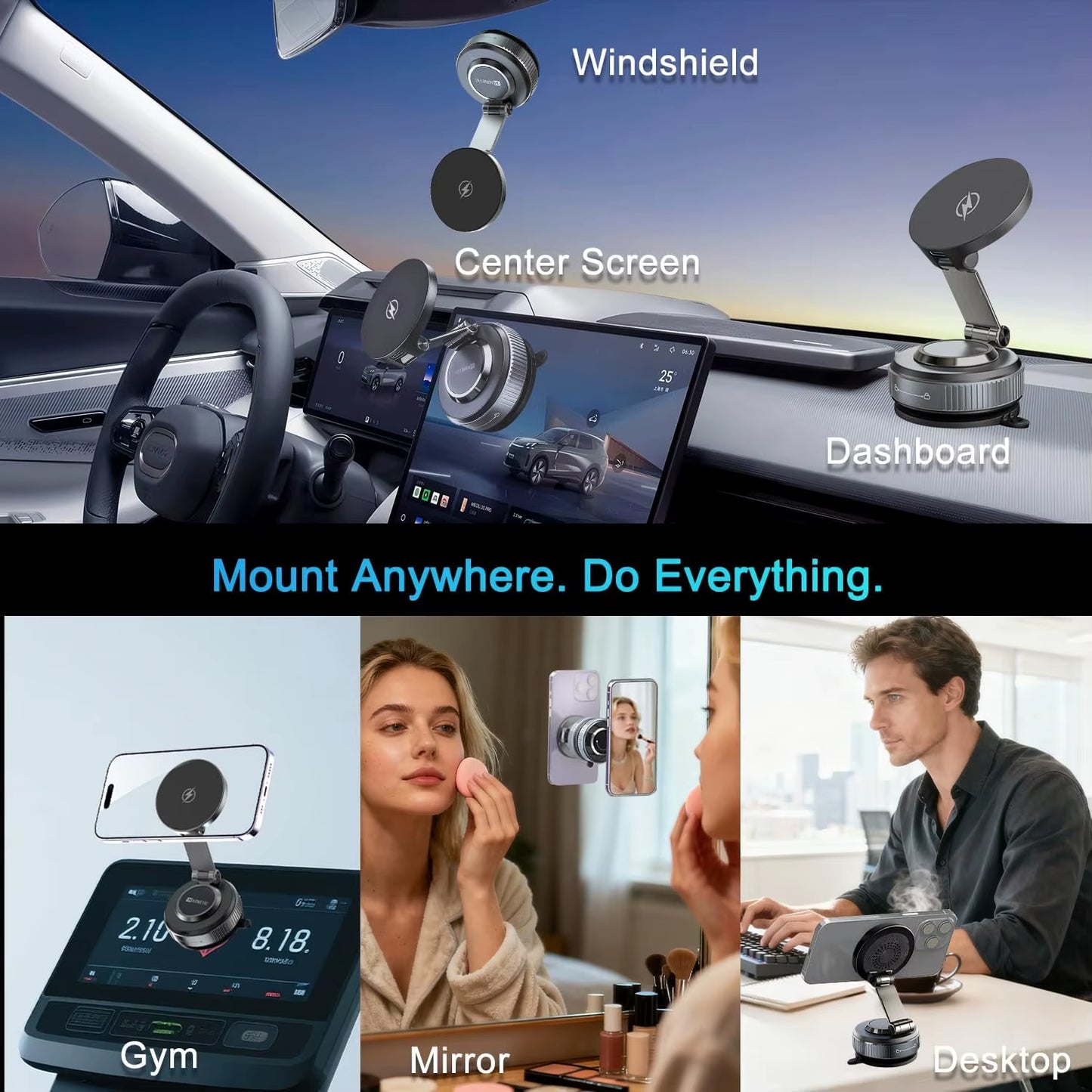 15W Magnetic Wireless Charger for Magsafe Car Mount 360 Rotate Vacuum Suction Cup for Gym/Mirror Mount for Iphone 17-12 Pro Max