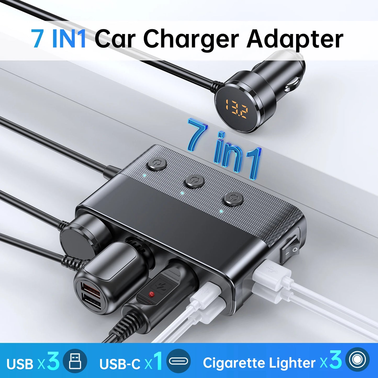 New 127W 7-In-1 Car Charger Splitter Pd30W QC3.0 Cigarette Lighter Adapter Car Cigarette Lighter Socket Splitter with Switch