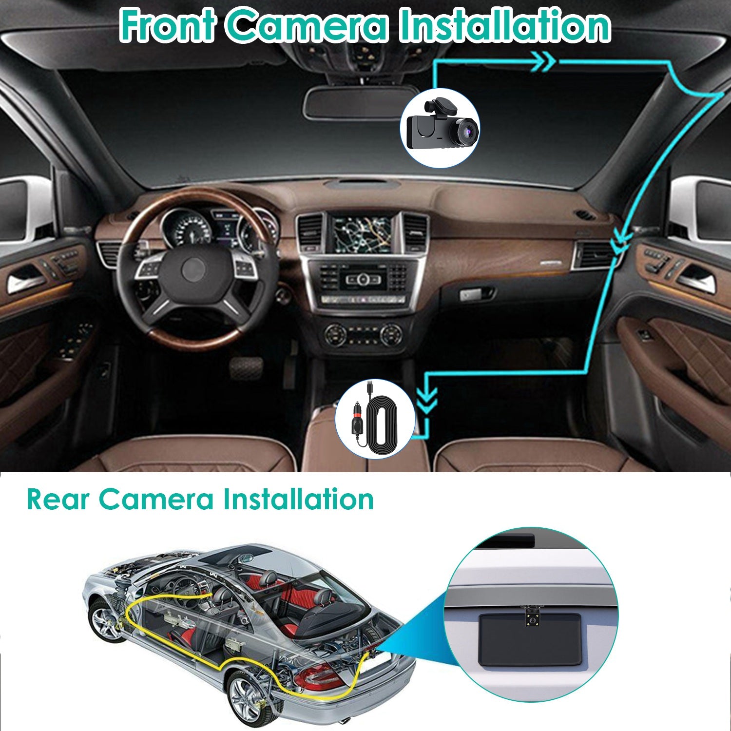 3 Channel Dash Cam Front inside Rear Vehicle Driving Recorder Car DVR with 32G MMC Card G Sensor Motion Detection Parking Monitor Loop Recording