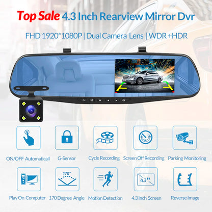 Dash Cam 4.3 Inch "Mini Rear-View Mirror Digital Dashcam, Front and Rear Dual Cameras IPS Front and Rear Camera Registrar Black