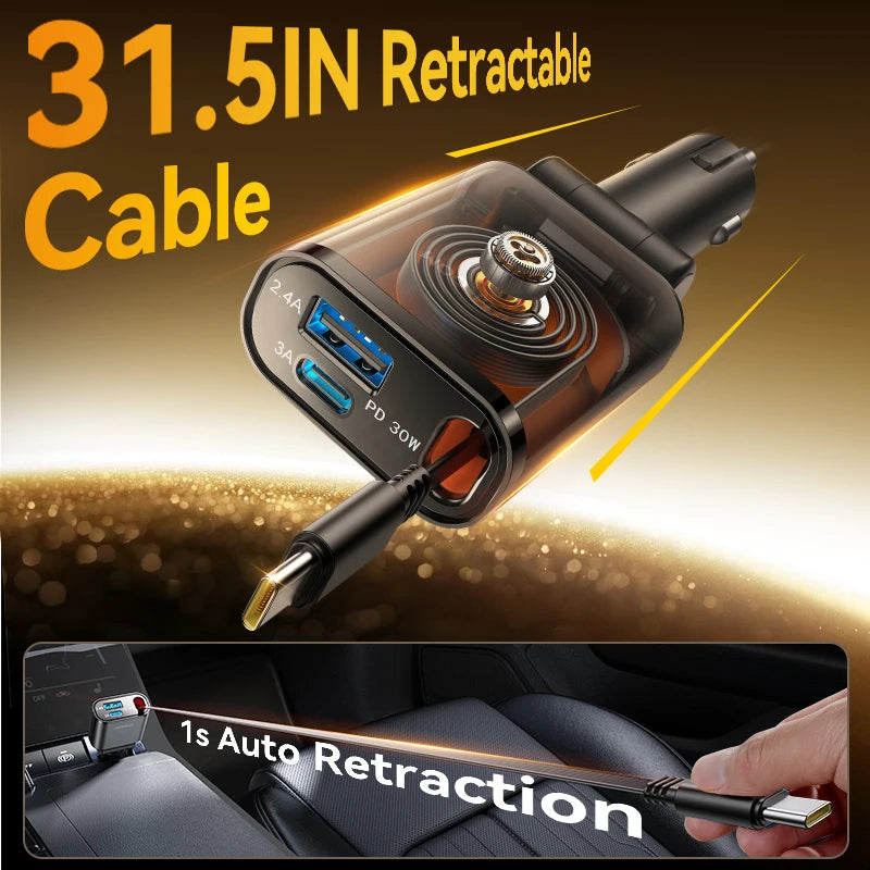 57W USB C Fast Charging Car Charger with Retractable Cable Ultra-Slim 3-Ports Charging Car Charger for Iphone/Samsung
