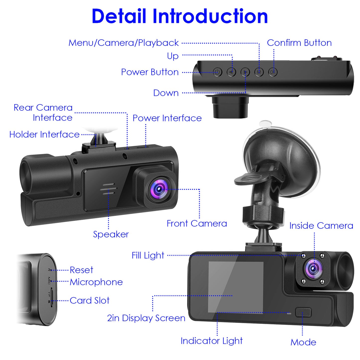 1Pc Wifi FHD 1080P Car Dash Cam 3 Channels Front Rear inside Dash Camera with Loop Recording Reversing Visual 170 Degree Wide Angle 64G Card Included