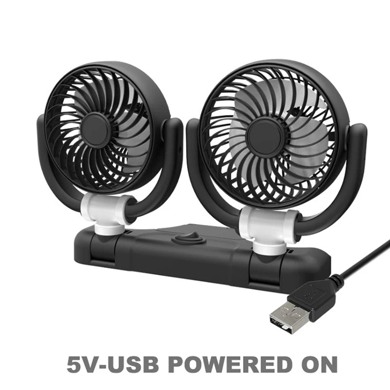 SEAMETAL Car Fan 360 Adjustable 2 Head Air Fan Auto Electric Fan USB 5V/12V/24V Fan 2 Speeds Dashboard Fan for Car Home Office
