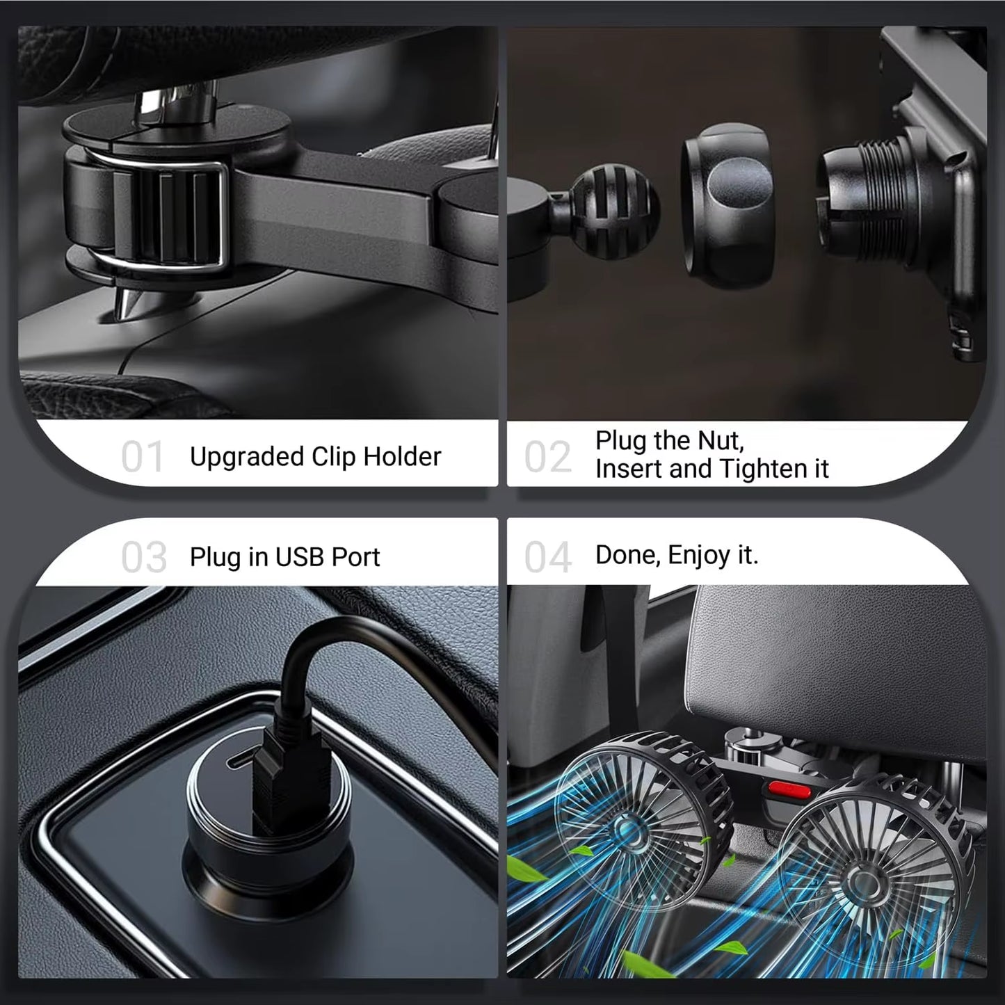 Car Fan for Backseat, USB Powered Dual Head Car Seat Fans, 360° Rotatable Car Window Fan, Powerful Air Circulation Car Rear Fan