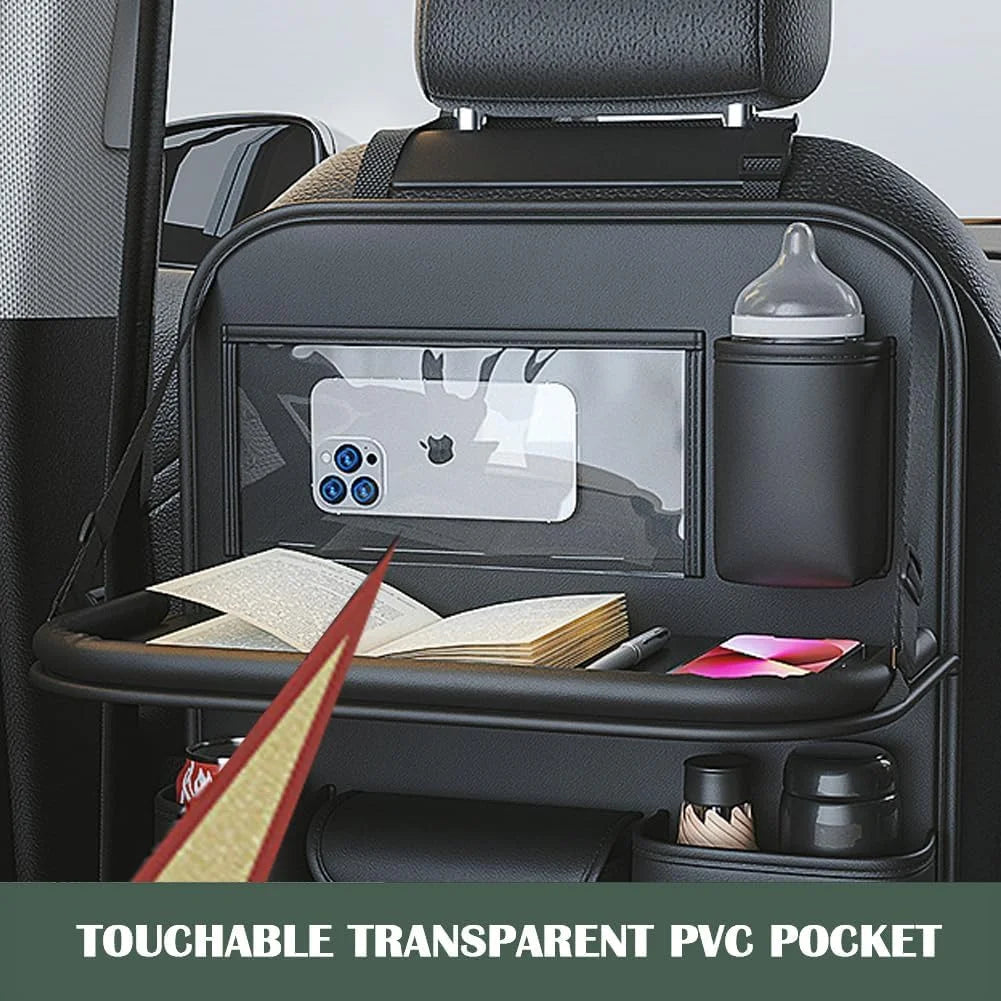 Car Backseat Organizer with Foldable Table Tray＆Stain Proof Ipad Storage PU Leather Car Seat Back Protectors Kick Car Essential