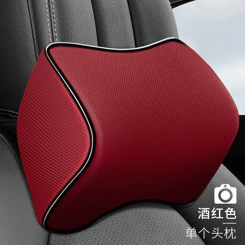 Memory Foam Car Headrest Pillow Leather Embroidered Seat Supports Sets Back Cushion Adjustment Auto Neck Rest Lumbar Pillows