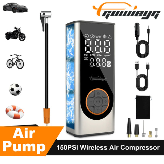 GUWIEYG Air Pump Portable Air Compressor - 150PSI Cordless Tire Inflator for Car, Bike, Motorcycle, Sports Balls - Fast