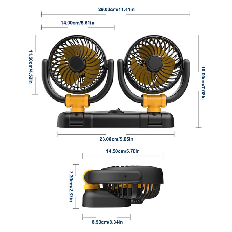 SEAMETAL Car Fan 360 Adjustable 2 Head Air Fan Auto Electric Fan USB 5V/12V/24V Fan 2 Speeds Dashboard Fan for Car Home Office