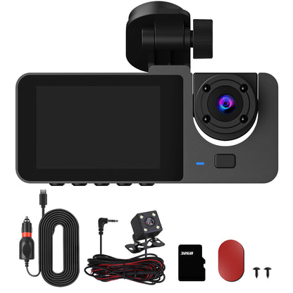 3 Channel Dash Cam Front inside Rear Vehicle Driving Recorder Car DVR with 32G MMC Card G Sensor Motion Detection Parking Monitor Loop Recording