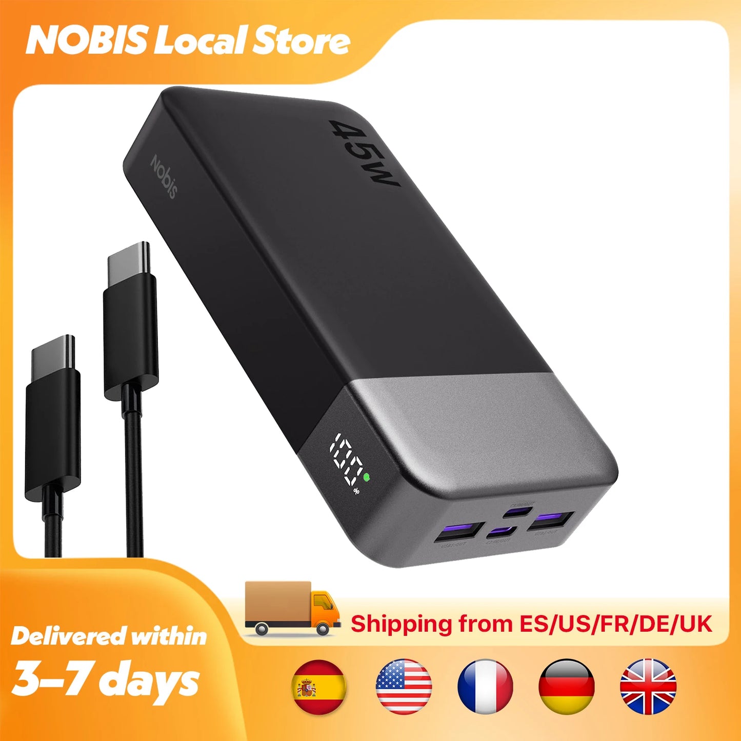 NOBIS 20000Mah Power Bank 45W Fast Charging Portable Charger External Battery Pack with LED Display for Iphone Android Laptop