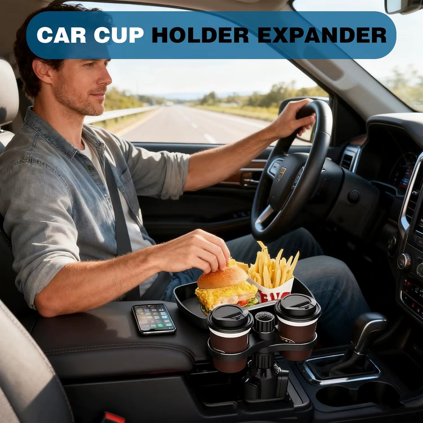 Dual Cup Holder Expander Adjustable for 360°Rotating Multifunctional Car Seat Cup Holder Snack Tray Drink Holder