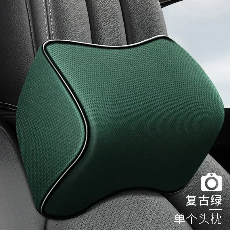 Memory Foam Car Headrest Pillow Leather Embroidered Seat Supports Sets Back Cushion Adjustment Auto Neck Rest Lumbar Pillows