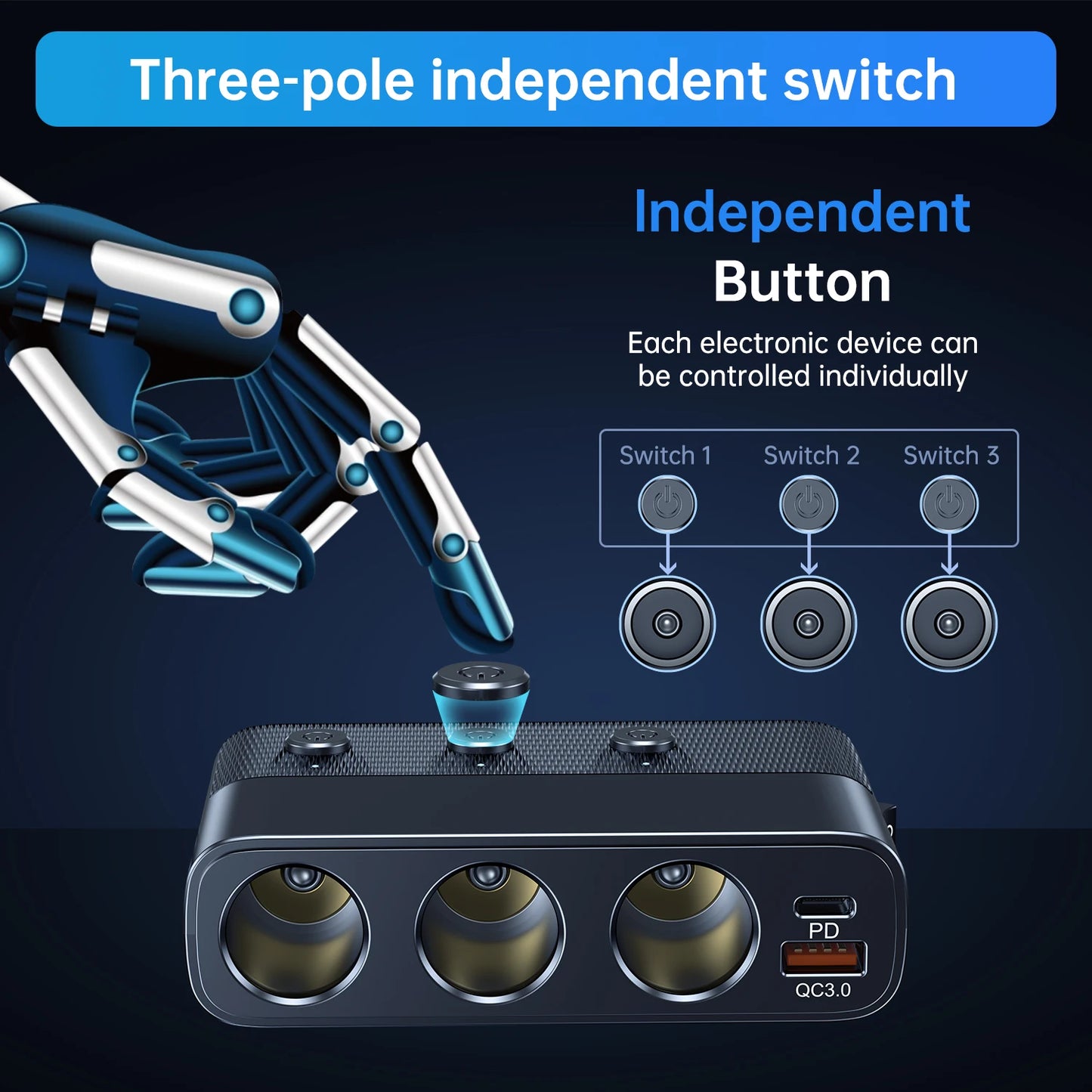 New 127W 7-In-1 Car Charger Splitter Pd30W QC3.0 Cigarette Lighter Adapter Car Cigarette Lighter Socket Splitter with Switch