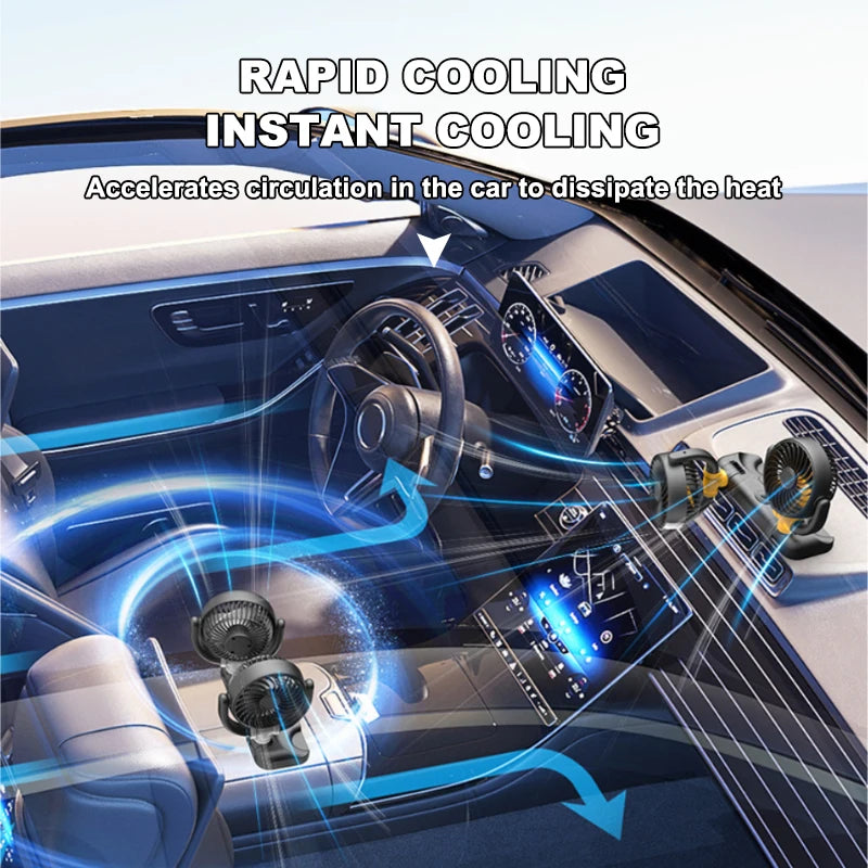 SEAMETAL Car Fan 360 Adjustable 2 Head Air Fan Auto Electric Fan USB 5V/12V/24V Fan 2 Speeds Dashboard Fan for Car Home Office