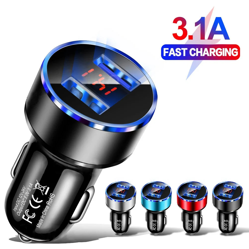 High Quality 3.1A Dual USB Car Charger 2 Port LCD Display Voltmeter 12-24V Cigarette Lighter Socket Car Charger Adapter