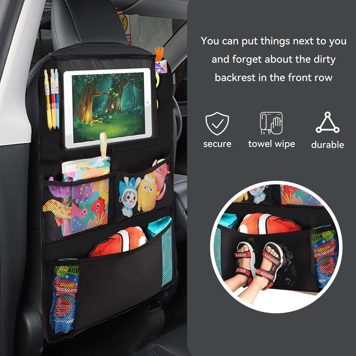 Car Back Multi Pocket Storage Bag with Tablet Holder Protector for Kids Car Seat Organizer Multifunctional Oxford Bag