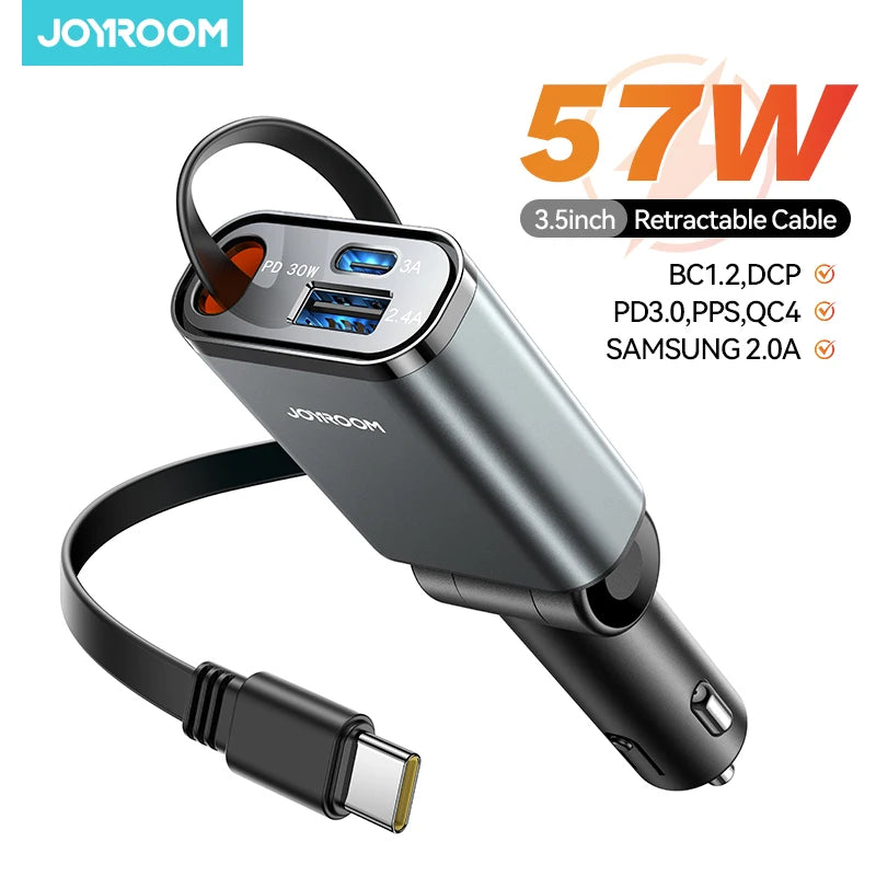 57W USB C Fast Charging Car Charger with Retractable Cable Ultra-Slim 3-Ports Charging Car Charger for Iphone/Samsung