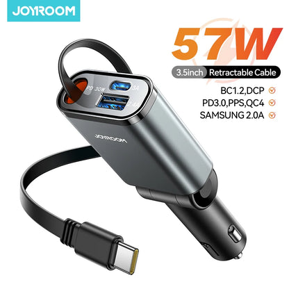 57W USB C Fast Charging Car Charger with Retractable Cable Ultra-Slim 3-Ports Charging Car Charger for Iphone/Samsung