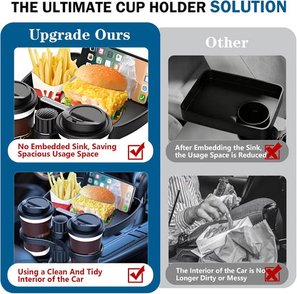Dual Cup Holder Expander Adjustable for 360°Rotating Multifunctional Car Seat Cup Holder Snack Tray Drink Holder