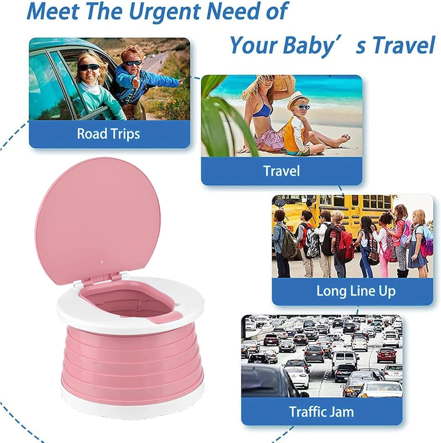 Travel Potty for Toddler, Portable and Foldable Toilet, Apply to Seat Emergency Toilet for Car, Camping, Outdoor, Indoor (Pink, Small)