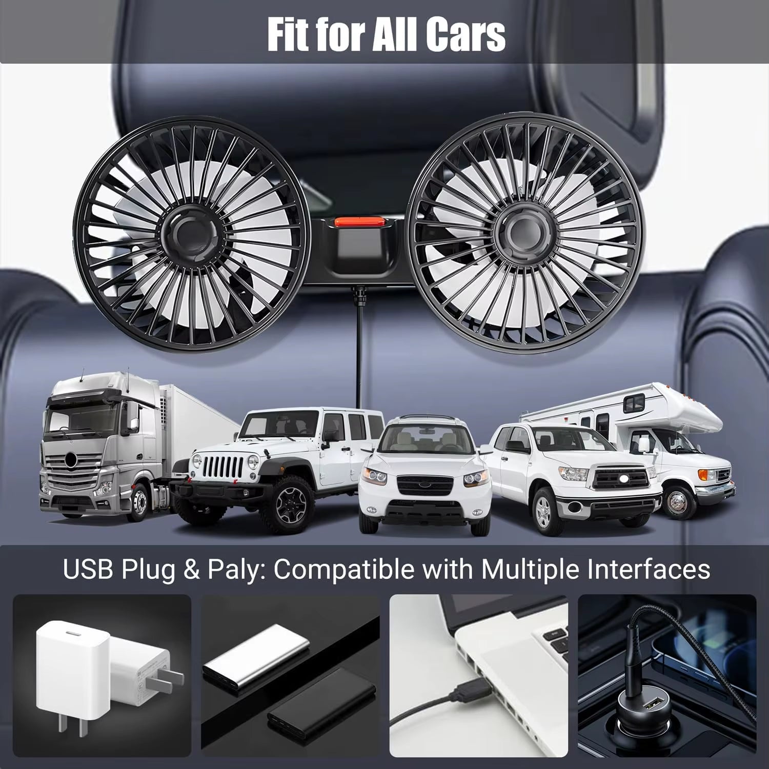 Car Fan for Backseat, USB Powered Dual Head Car Seat Fans, 360° Rotatable Car Window Fan, Powerful Air Circulation Car Rear Fan