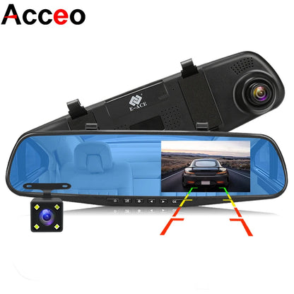 Dash Cam 4.3 Inch "Mini Rear-View Mirror Digital Dashcam, Front and Rear Dual Cameras IPS Front and Rear Camera Registrar Black