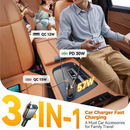 57W USB C Fast Charging Car Charger with Retractable Cable Ultra-Slim 3-Ports Charging Car Charger for Iphone/Samsung