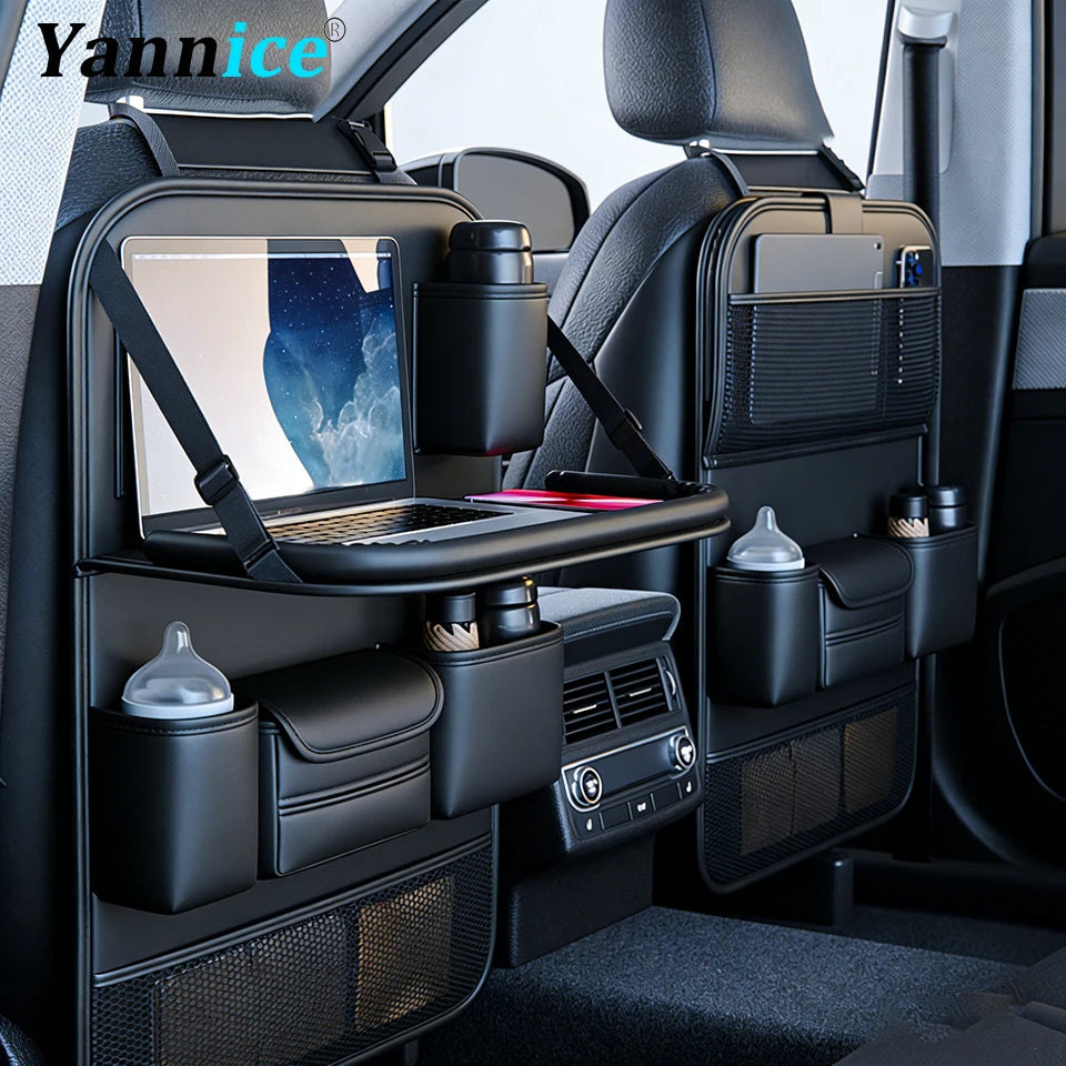 Car Backseat Organizer with Foldable Table Tray＆Stain Proof Ipad Storage PU Leather Car Seat Back Protectors Kick Car Essential