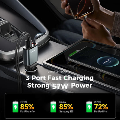 57W USB C Fast Charging Car Charger with Retractable Cable Ultra-Slim 3-Ports Charging Car Charger for Iphone/Samsung