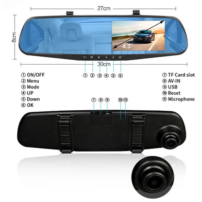 Dash Cam 4.3 Inch "Mini Rear-View Mirror Digital Dashcam, Front and Rear Dual Cameras IPS Front and Rear Camera Registrar Black