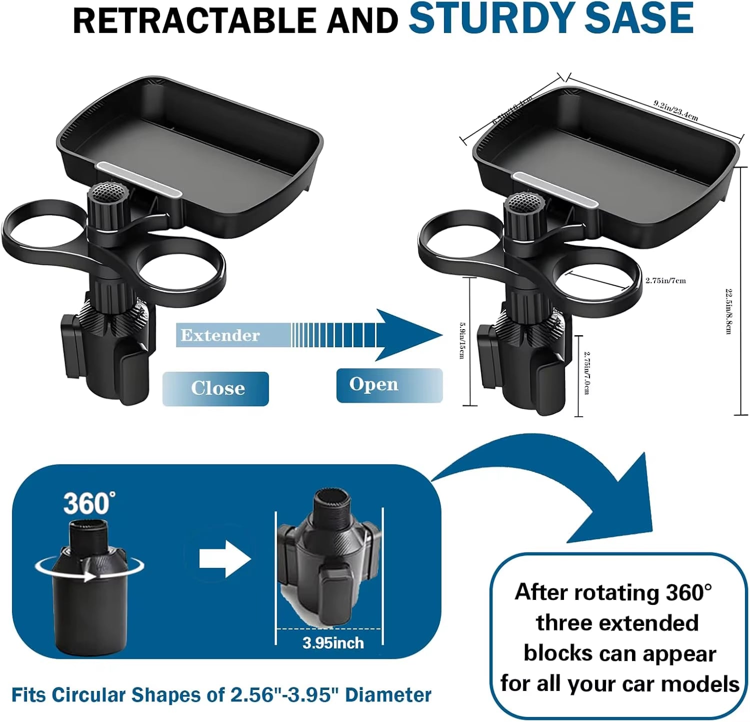 Dual Cup Holder Expander Adjustable for 360°Rotating Multifunctional Car Seat Cup Holder Snack Tray Drink Holder