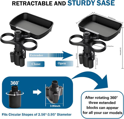 Dual Cup Holder Expander Adjustable for 360°Rotating Multifunctional Car Seat Cup Holder Snack Tray Drink Holder