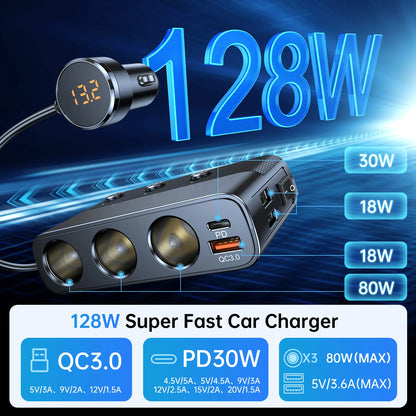 New 127W 7-In-1 Car Charger Splitter Pd30W QC3.0 Cigarette Lighter Adapter Car Cigarette Lighter Socket Splitter with Switch