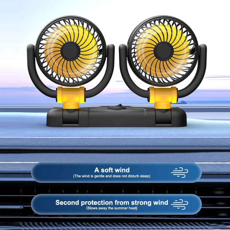 SEAMETAL Car Fan 360 Adjustable 2 Head Air Fan Auto Electric Fan USB 5V/12V/24V Fan 2 Speeds Dashboard Fan for Car Home Office