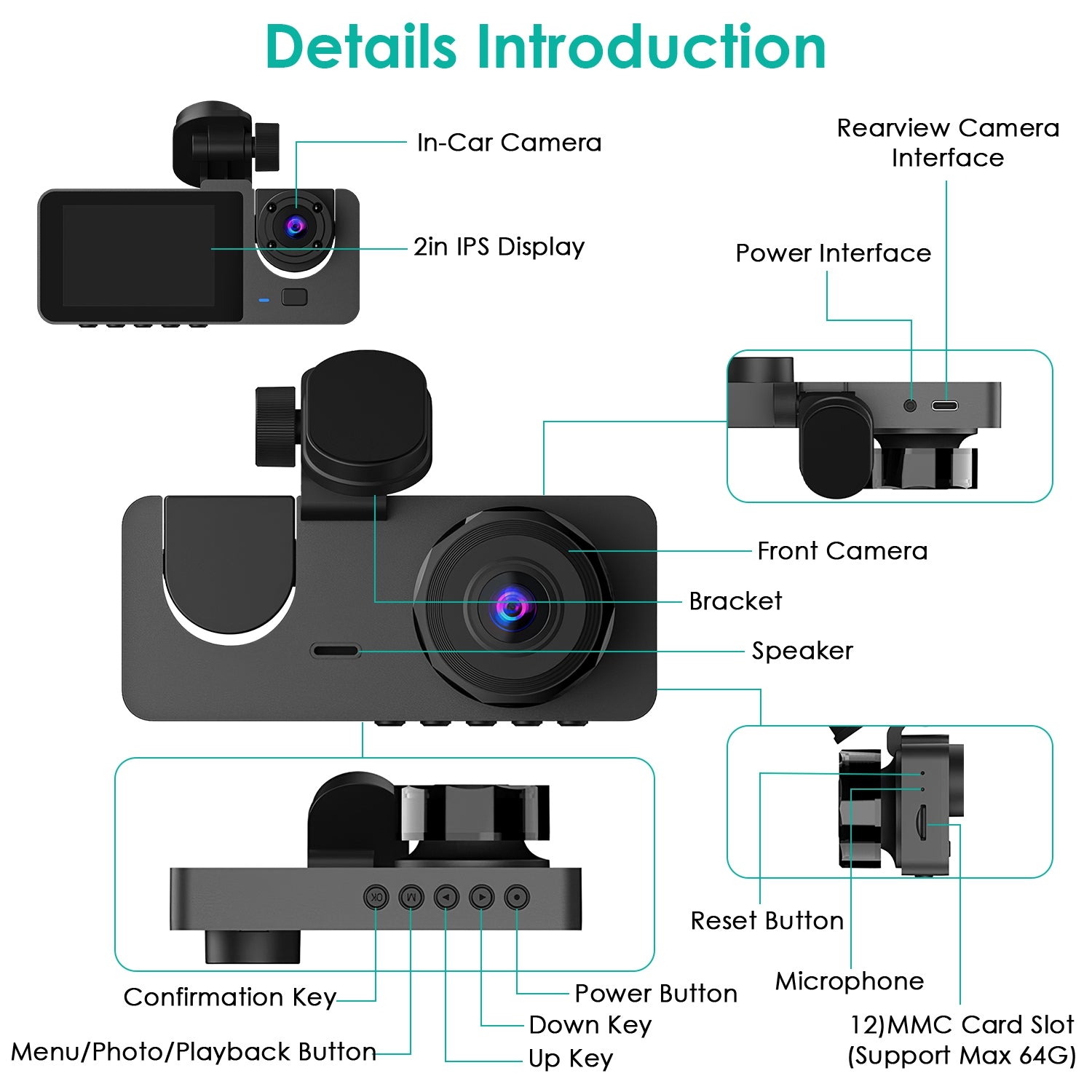 3 Channel Dash Cam Front inside Rear Vehicle Driving Recorder Car DVR with 32G MMC Card G Sensor Motion Detection Parking Monitor Loop Recording