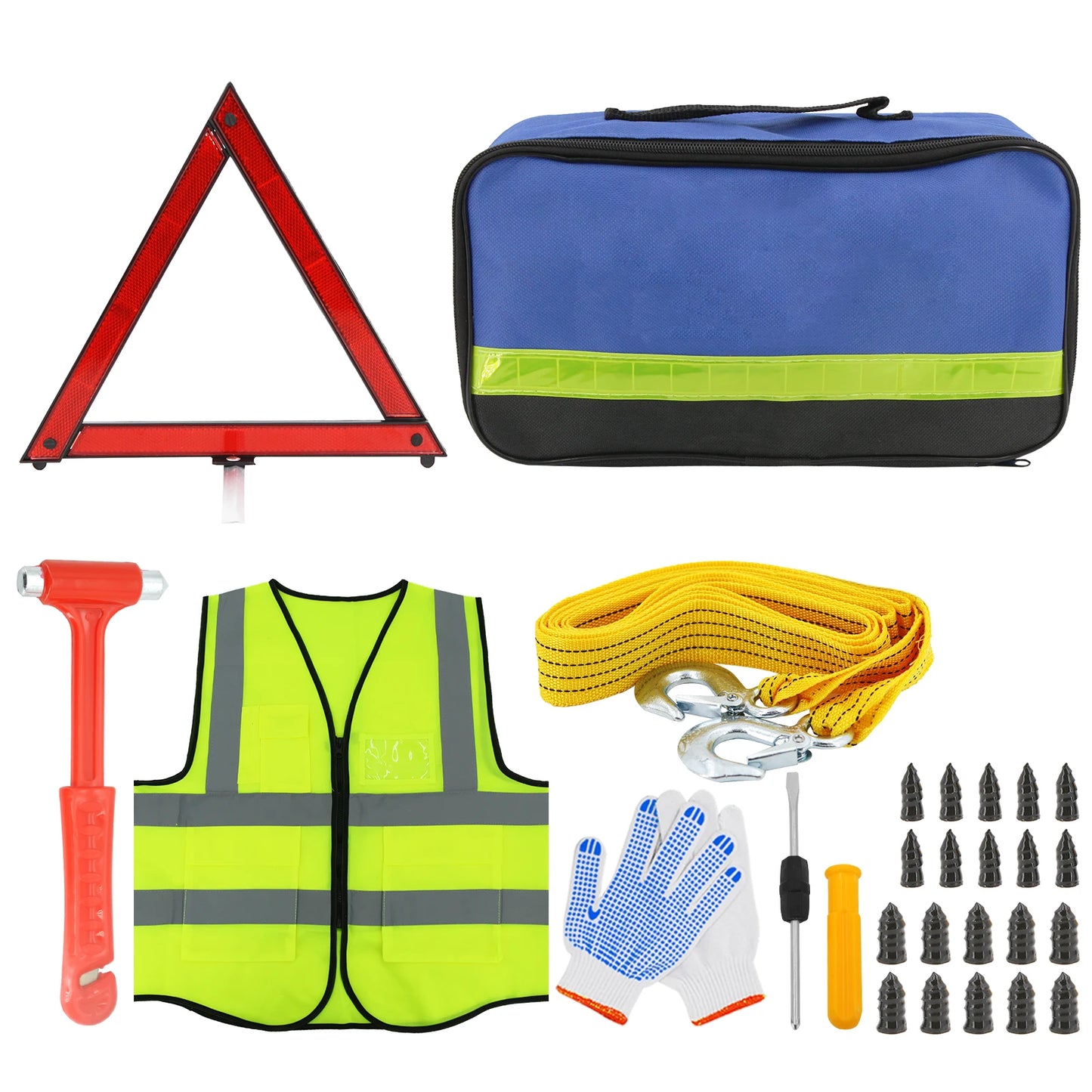 New Car Emergency Roadside Assistance Kit Jumper Cable Tow Strap First Aid Supplies Multipurpose Pack Motorist Self-Defense Tool
