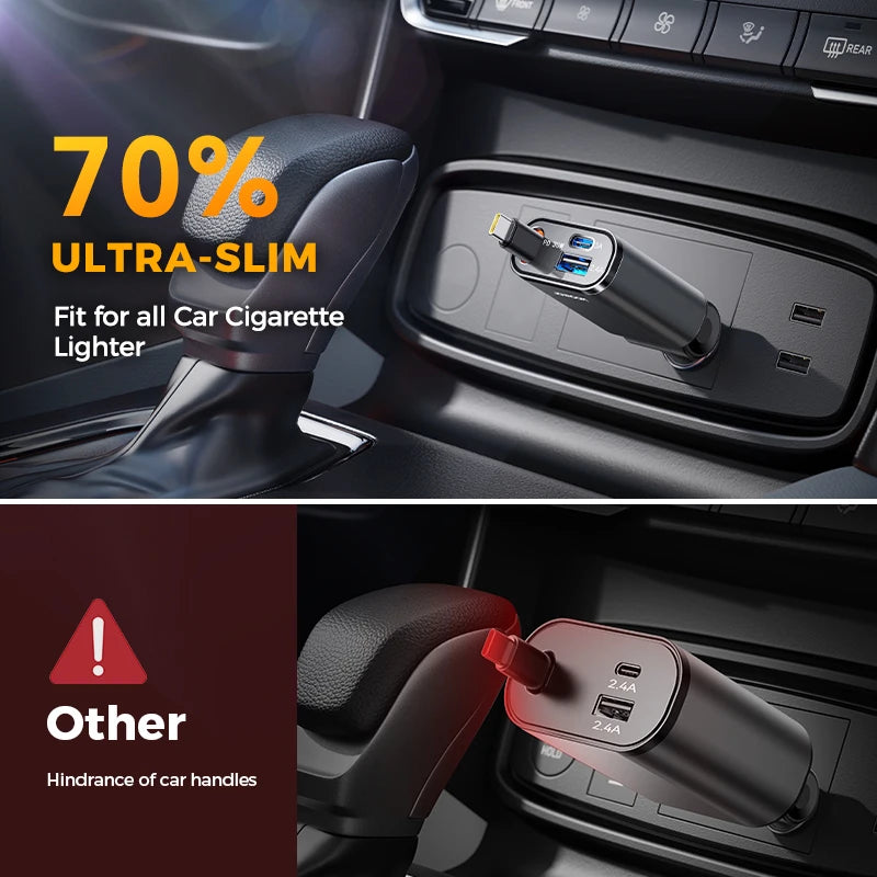 57W USB C Fast Charging Car Charger with Retractable Cable Ultra-Slim 3-Ports Charging Car Charger for Iphone/Samsung