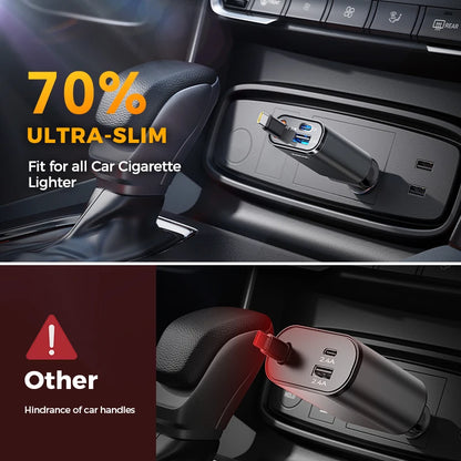 57W USB C Fast Charging Car Charger with Retractable Cable Ultra-Slim 3-Ports Charging Car Charger for Iphone/Samsung