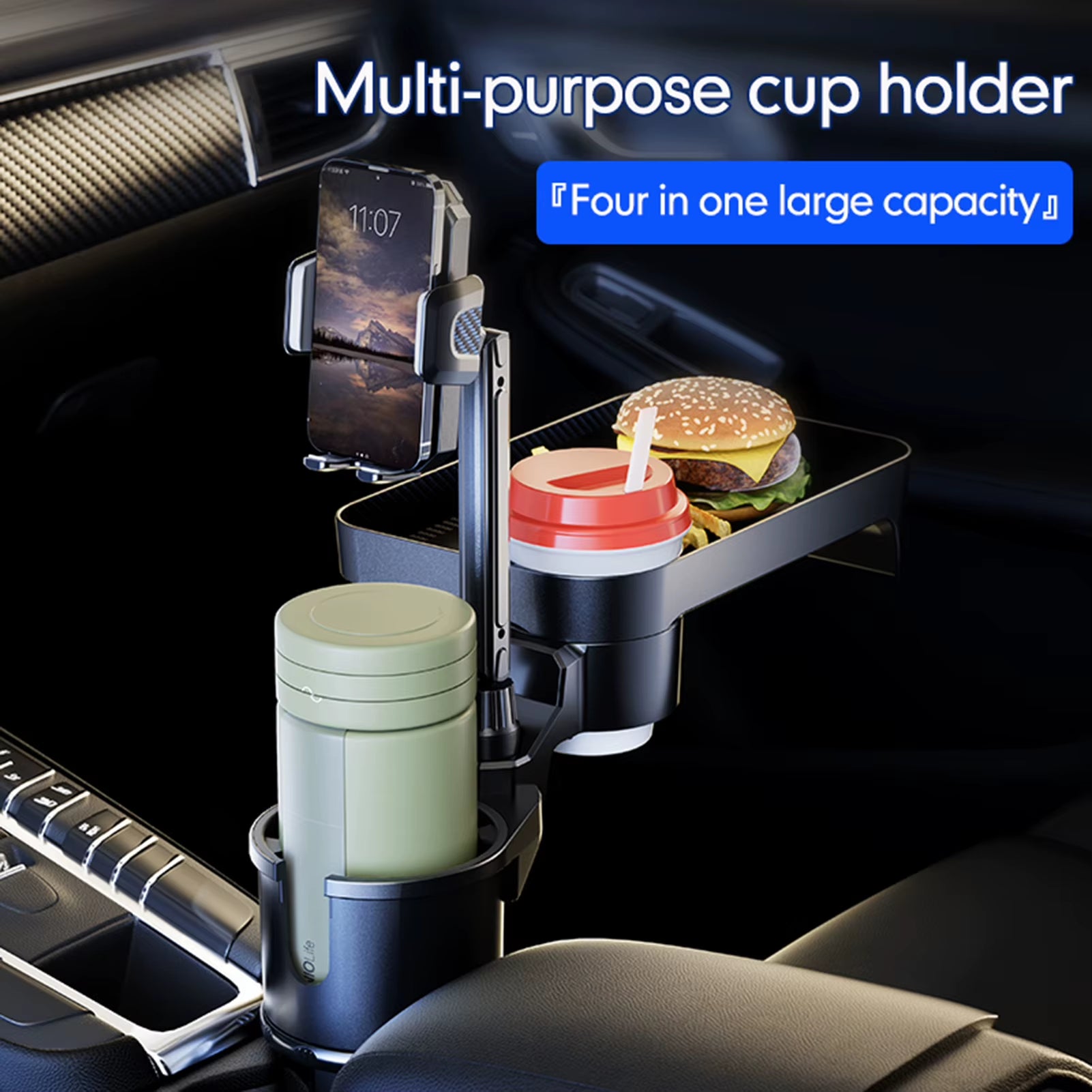 Car Cup Holder Multifunctional Cup Holder Expander with 360° Rotation Tray Mobile Phone Holder Adjustable Base (Size L, Green)