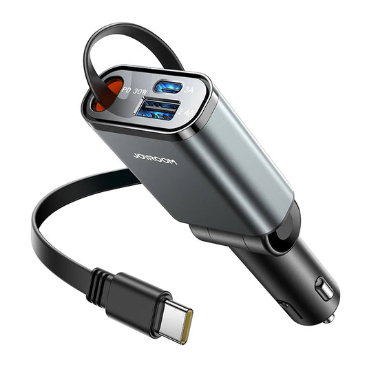 57W USB C Fast Charging Car Charger with Retractable Cable Ultra-Slim 3-Ports Charging Car Charger for Iphone/Samsung