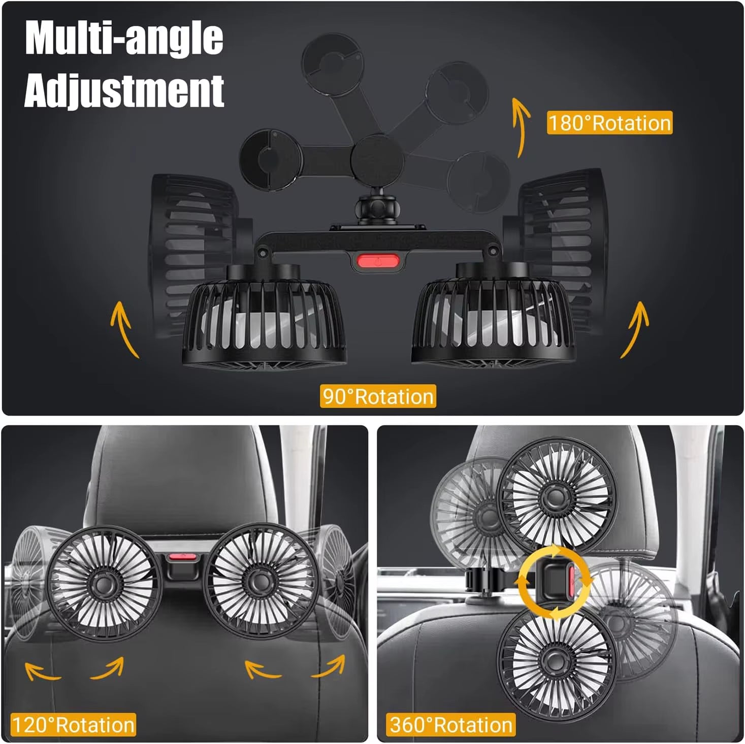 Car Fan for Backseat, USB Powered Dual Head Car Seat Fans, 360° Rotatable Car Window Fan, Powerful Air Circulation Car Rear Fan