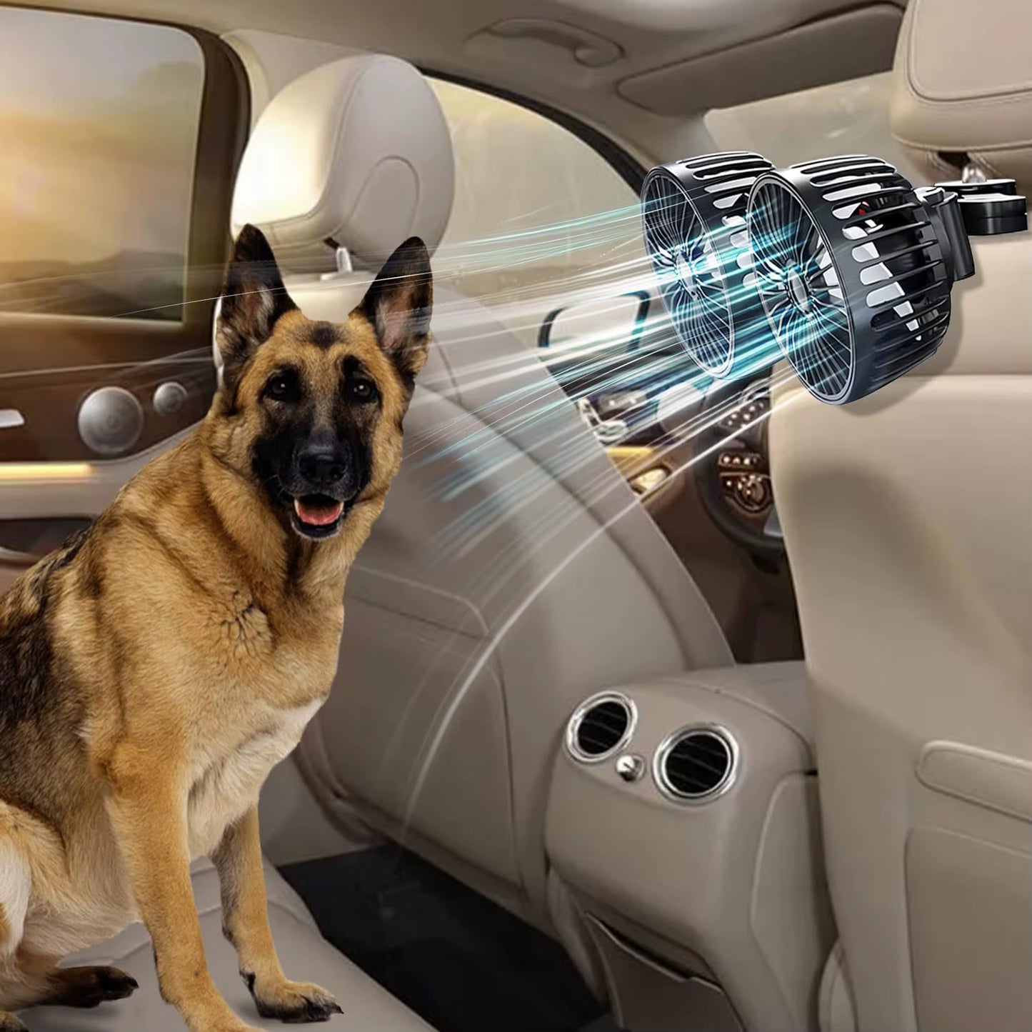 Car Fan for Backseat, USB Powered Dual Head Car Seat Fans, 360° Rotatable Car Window Fan, Powerful Air Circulation Car Rear Fan