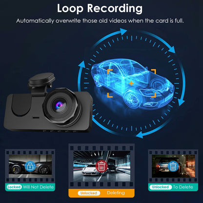 3 Channel Dash Cam Front inside Rear Vehicle Driving Recorder Car DVR with 32G MMC Card G Sensor Motion Detection Parking Monitor Loop Recording