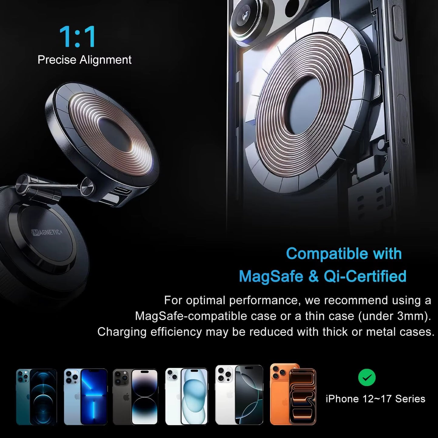 15W Magnetic Wireless Charger for Magsafe Car Mount 360 Rotate Vacuum Suction Cup for Gym/Mirror Mount for Iphone 17-12 Pro Max