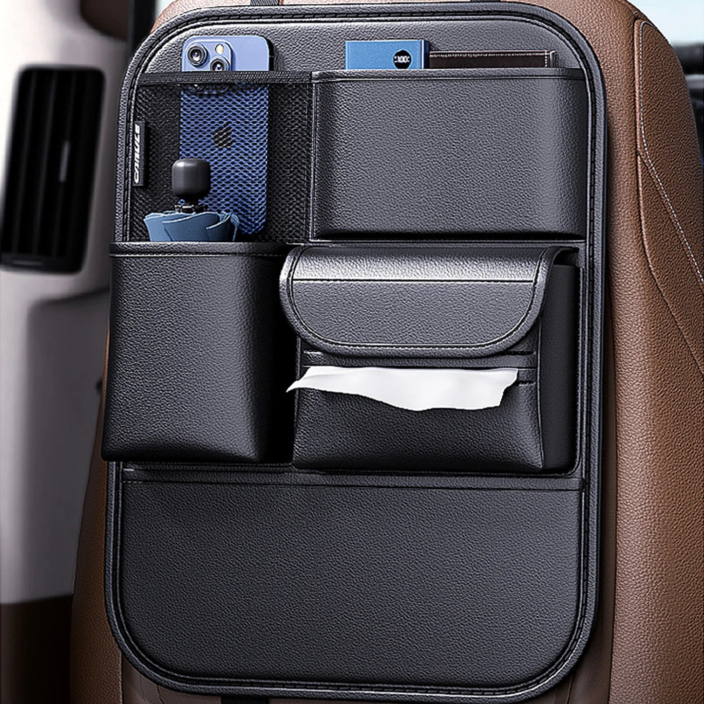 High Capacity Adjustable Car Storage Box Backseat 5 Bag Trunk Organizer Multi-Use PU Leather Car Seat Back Organizers with Bag