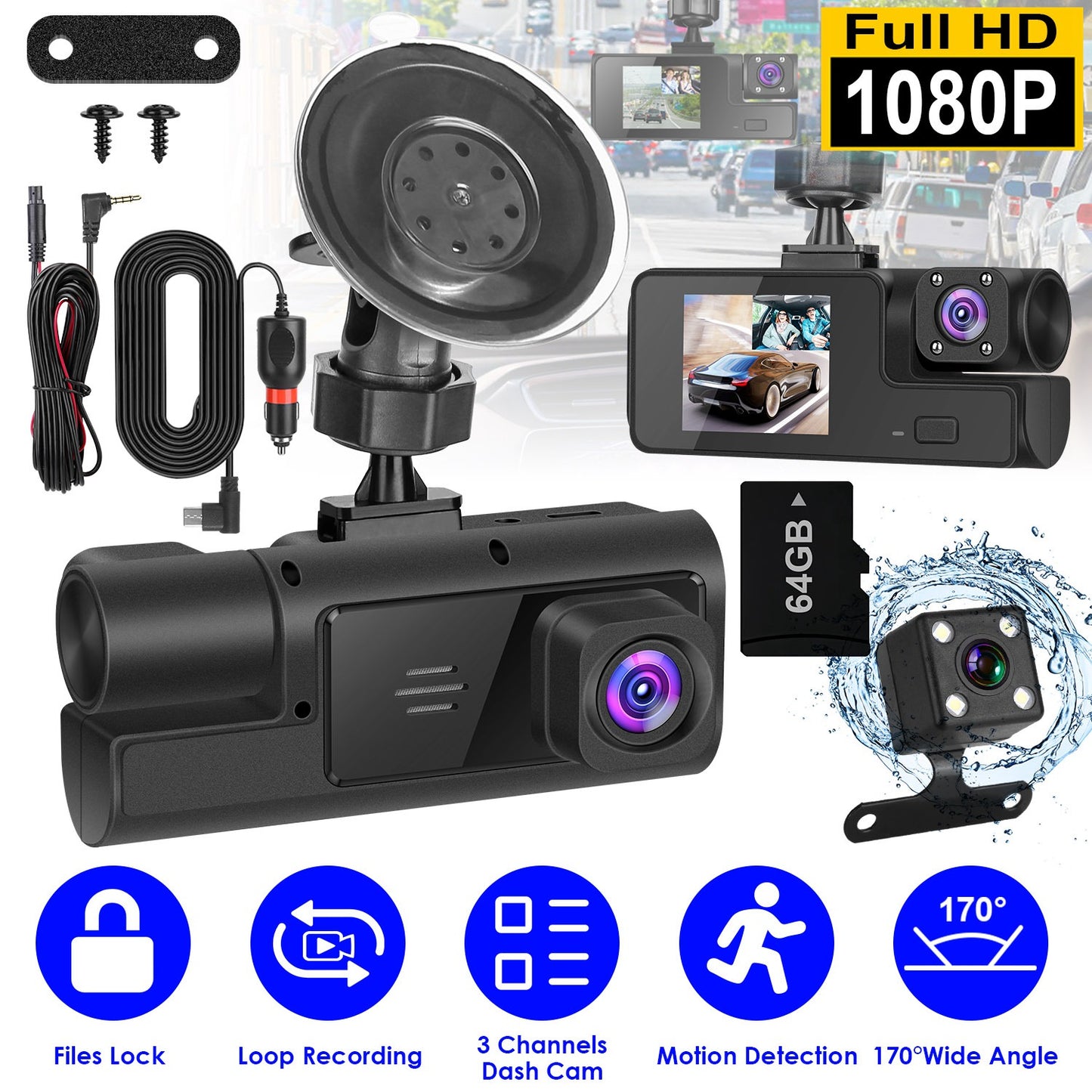 1Pc Wifi FHD 1080P Car Dash Cam 3 Channels Front Rear inside Dash Camera with Loop Recording Reversing Visual 170 Degree Wide Angle 64G Card Included