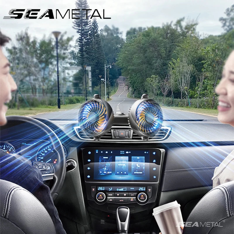 SEAMETAL Car Fan 360 Adjustable 2 Head Air Fan Auto Electric Fan USB 5V/12V/24V Fan 2 Speeds Dashboard Fan for Car Home Office