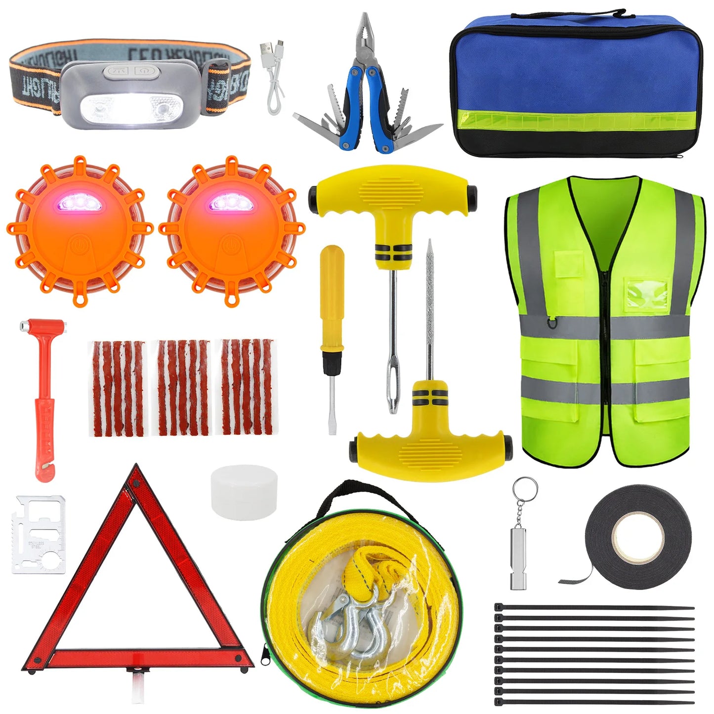 New Car Emergency Roadside Assistance Kit Jumper Cable Tow Strap First Aid Supplies Multipurpose Pack Motorist Self-Defense Tool