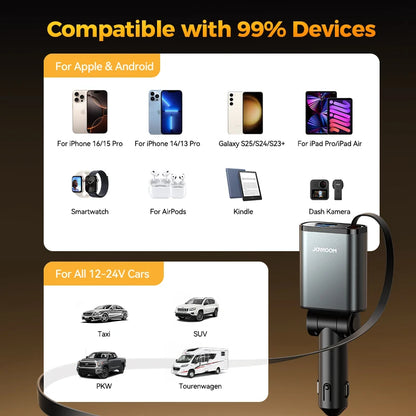 57W USB C Fast Charging Car Charger with Retractable Cable Ultra-Slim 3-Ports Charging Car Charger for Iphone/Samsung